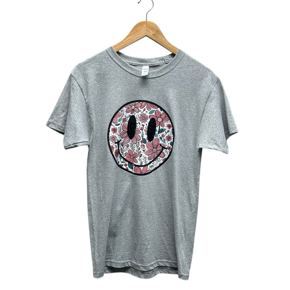 Smiley Face Graphic T-Shirt Small Gray Pink Daisy Distressed Retro Tee Casual